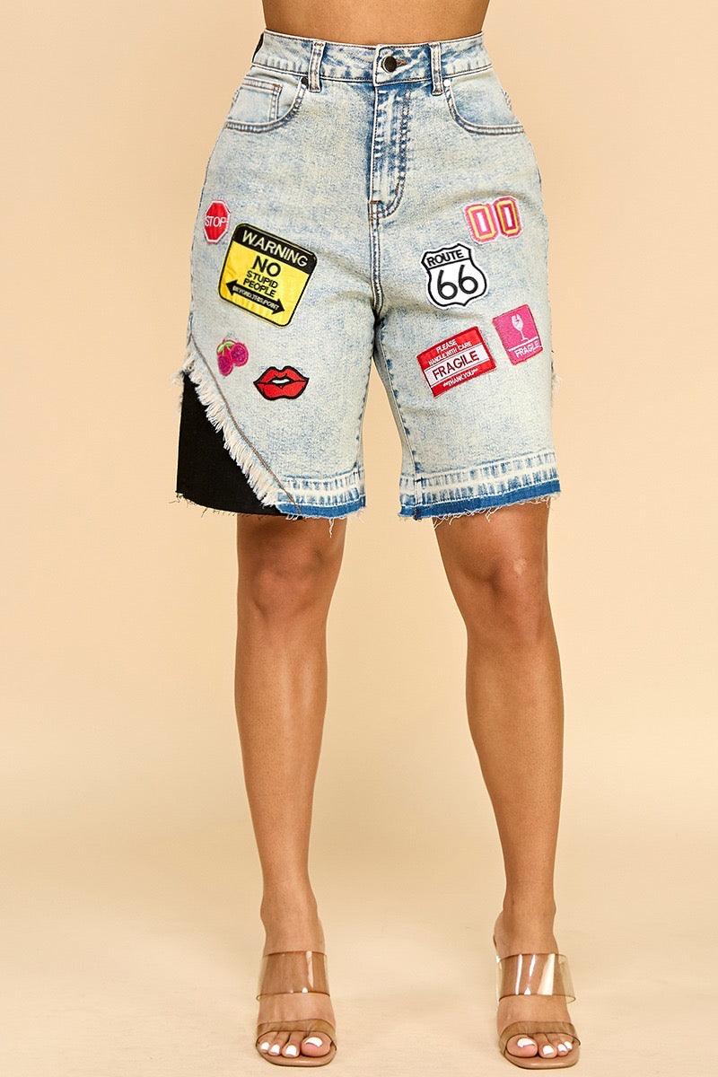 denim patchwork shorts